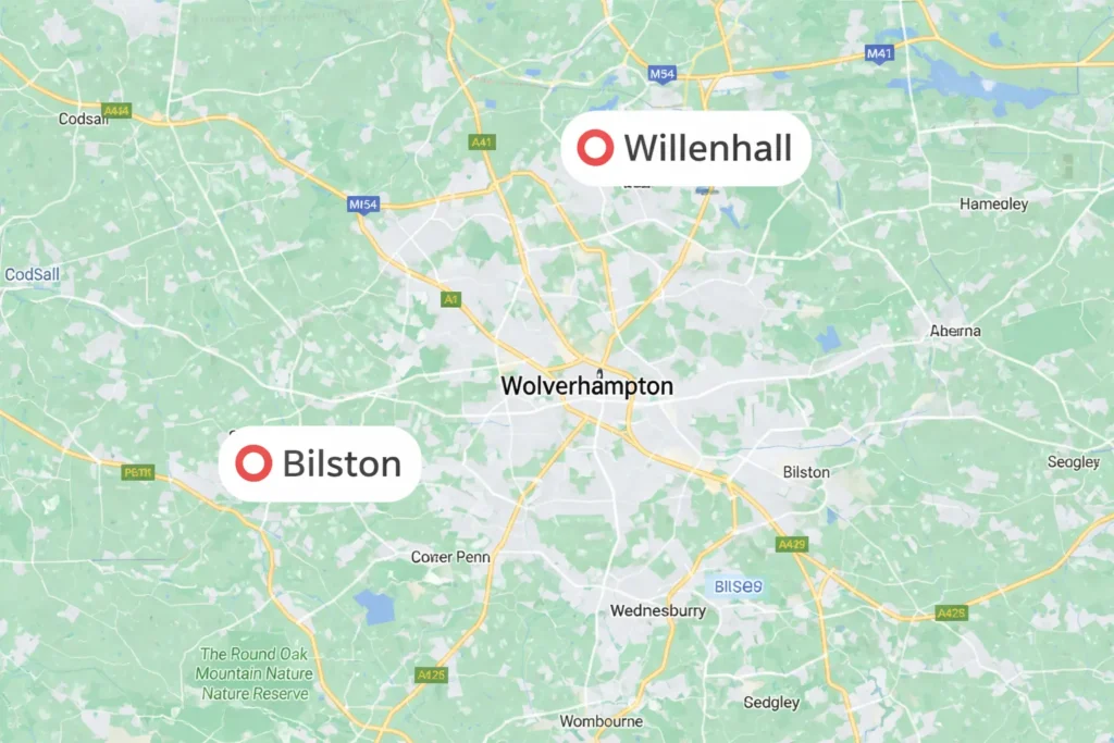 Map showing Wolverhampton with Willenhall and Bilston marked as service areas.