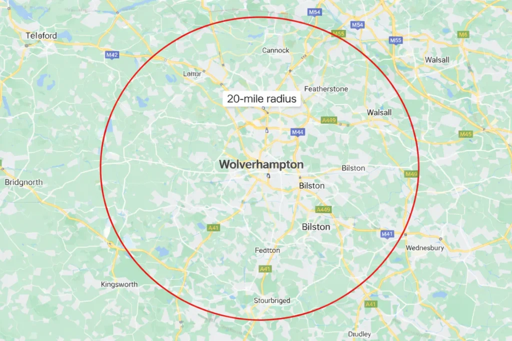 Map highlighting Wolverhampton and surrounding areas within a 20-mile radius.